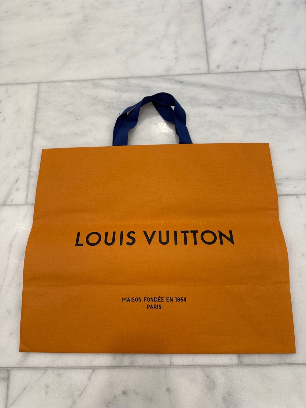 Louis Vuitton Authentic Orange Paper Shopping Bag with Navy Handles